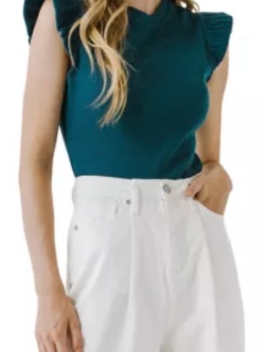 Free the Roses Teal Ribbed Ruffle Sleeve Tank - Picture 2 of 7